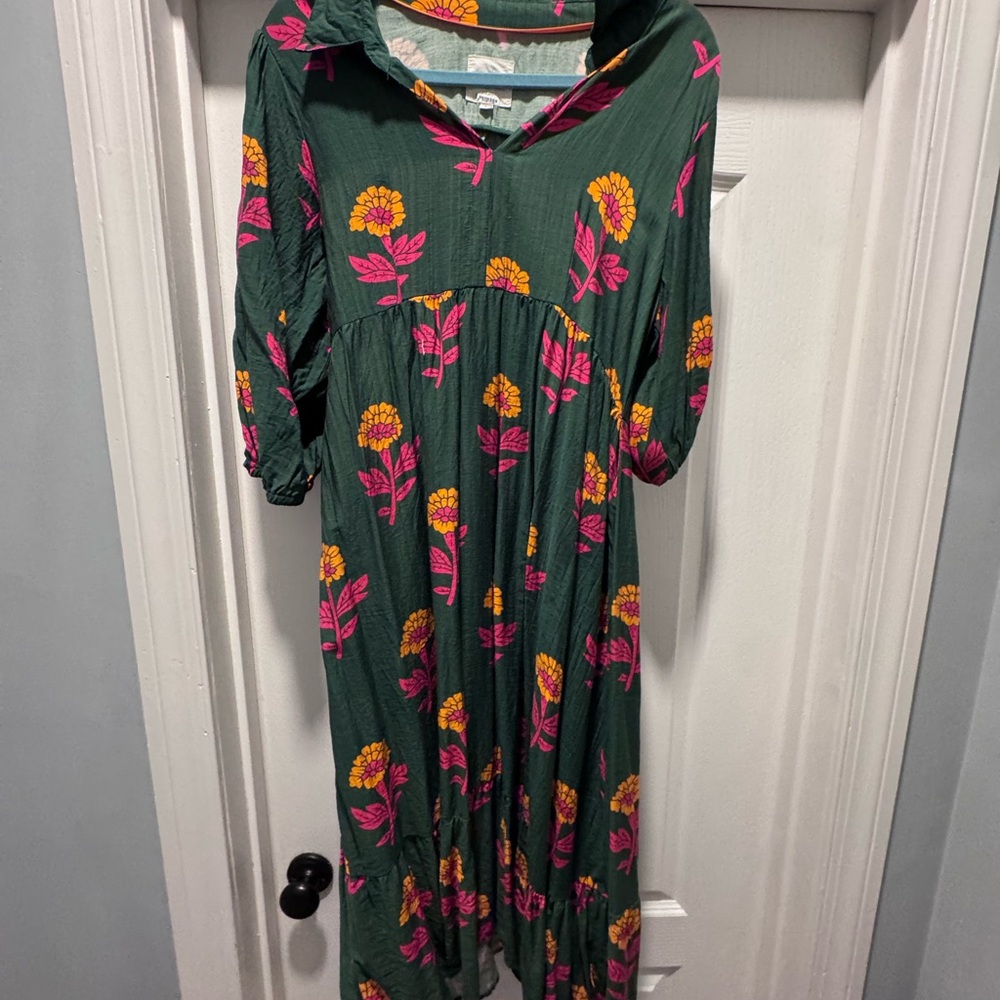 Entro Women's Green Floral Midi Dress with Pink and Yellow Print